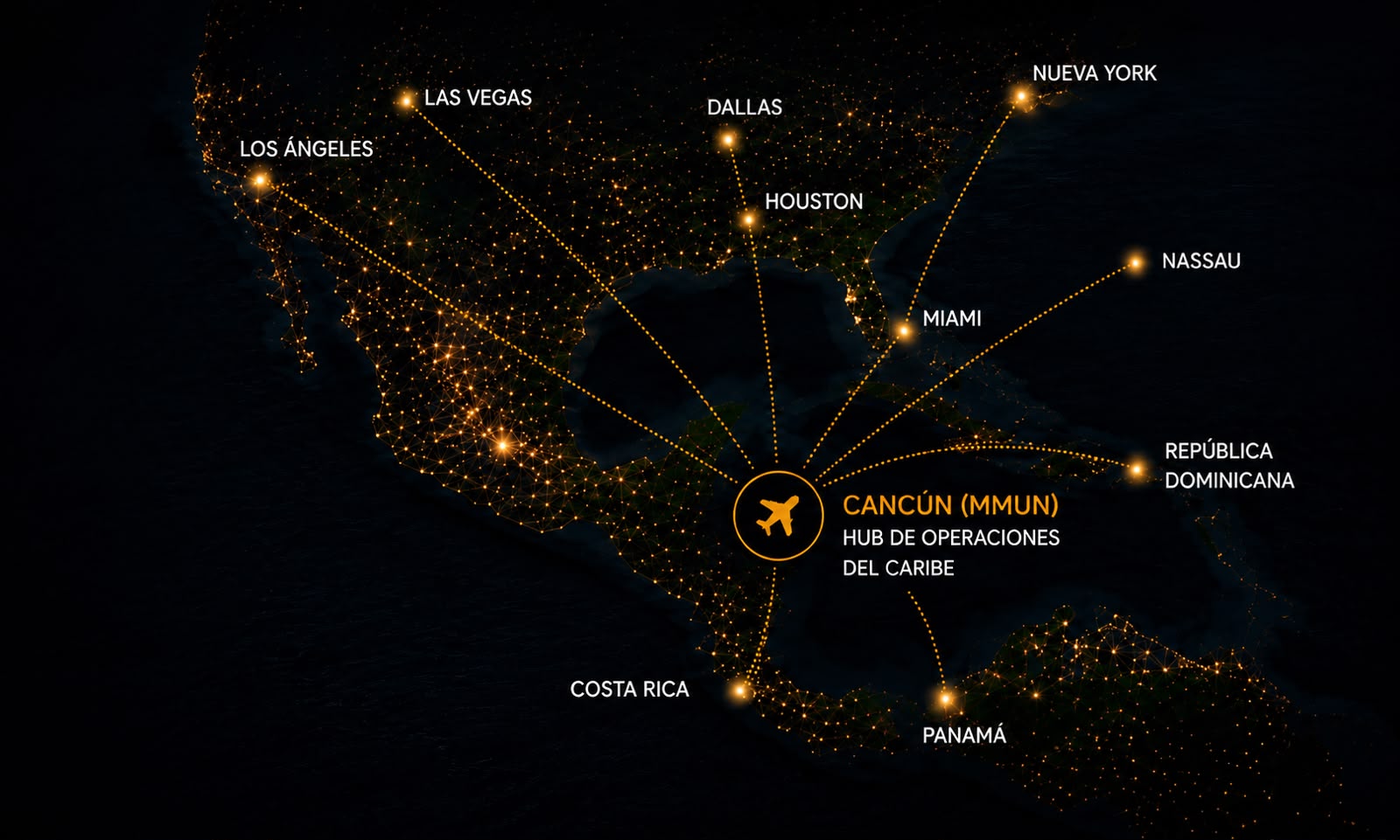 Mapa de conexiones aéreas desde el hub de operaciones de Priority Jets en Cancún hacia destinos de México, Estados Unidos, Centroamérica y el Caribe